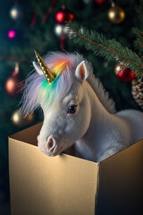 The perfect Christmas gift under the Christmas tree. Small cute baby animal, cute unicorn. Holiday illustration. A little a creature from a fairy tale is packed in the present box. Generated AI.