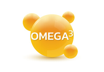 Omega 3 3d icon. Circle drop, capsule or pill isolated on white background. Molecule bubbles design. Vector illustration.