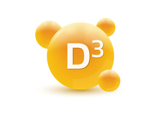 Vitamin D3 3d icon. Circle drop, capsule or pill isolated on white background. Molecule bubbles design. Vector illustration.