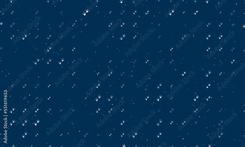 Poster seamless background pattern of evenly spaced white frog tracks symbols of different sizes and opacit
