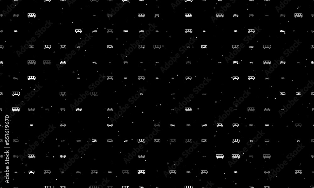Poster Seamless background pattern of evenly spaced white bus symbols of different sizes and opacity. Vector illustration on black background with stars