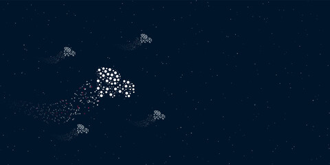 Fototapeta na wymiar A concrete mixer truck symbol filled with dots flies through the stars leaving a trail behind. There are four small symbols around. Vector illustration on dark blue background with stars