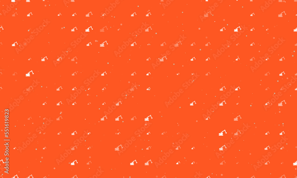Poster Seamless background pattern of evenly spaced white excavator symbols of different sizes and opacity. Vector illustration on deep orange background with stars