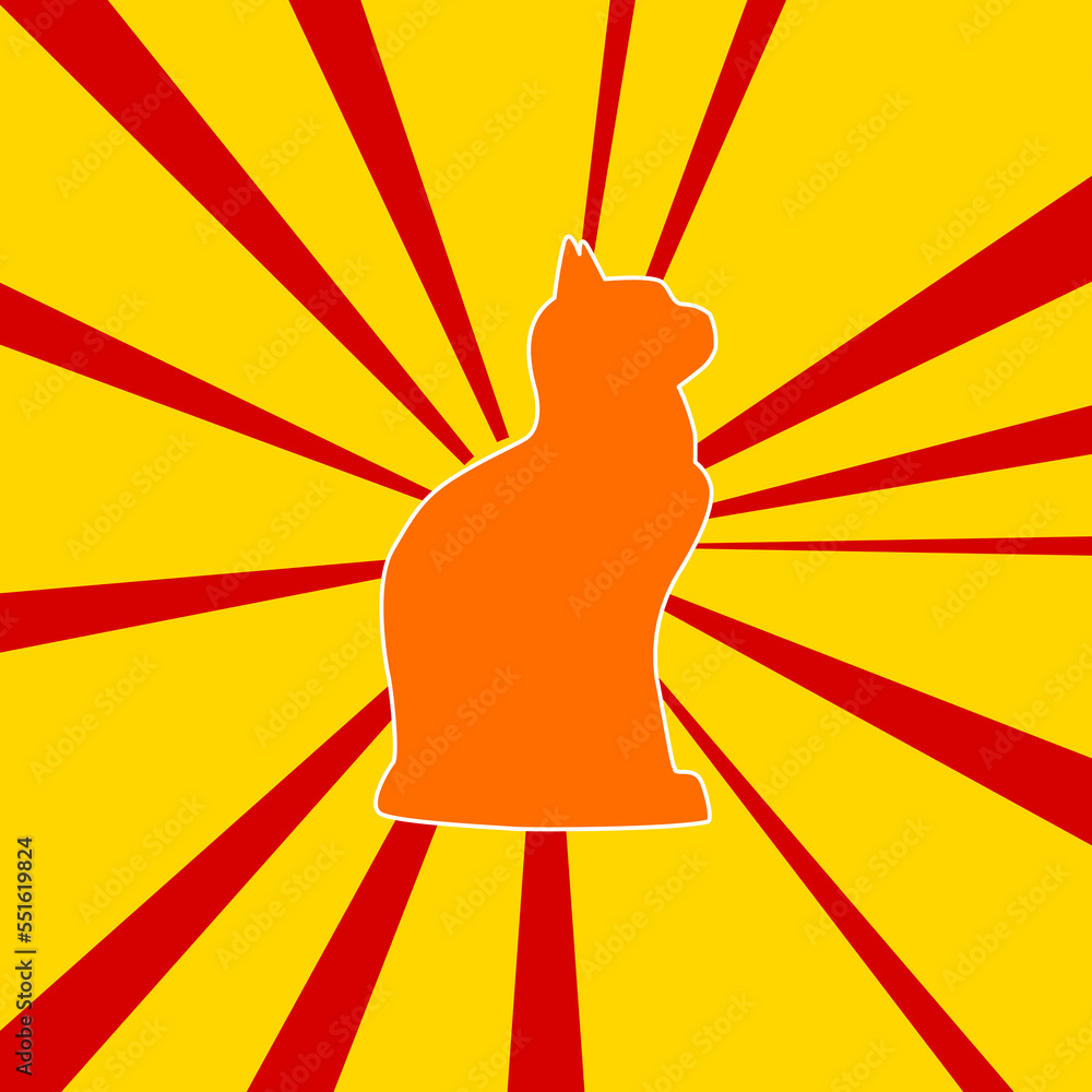 Poster cat symbol on a background of red flash explosion radial lines. the large orange symbol is located i