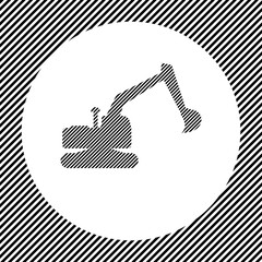 A large excavator symbol in the center as a hatch of black lines on a white circle. Interlaced effect. Seamless pattern with striped black and white diagonal slanted lines