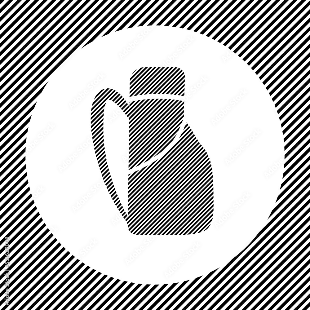Poster a large travel backpack symbol in the center as a hatch of black lines on a white circle. interlaced