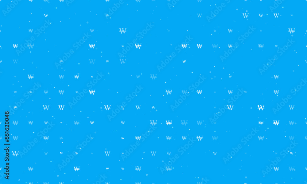 Poster seamless background pattern of evenly spaced white korean won signs of different sizes and opacity. 