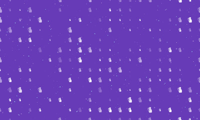 Seamless background pattern of evenly spaced white travel backpack symbols of different sizes and opacity. Vector illustration on deep purple background with stars