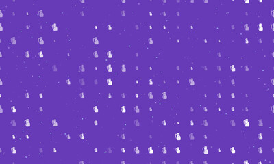 Seamless background pattern of evenly spaced white travel backpack symbols of different sizes and opacity. Vector illustration on deep purple background with stars