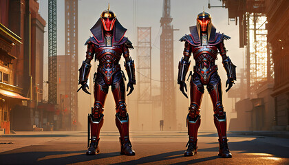 two futuristic egyptian robot guardian warriors in blue red gold armor and red neon glowing eyes staying and looking into viewer on the street in futuristic sci-fi city, generative AI - obrazy, fototapety, plakaty