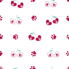 Cherries paw print Valentine's day design seamless fabric pattern - 551620049