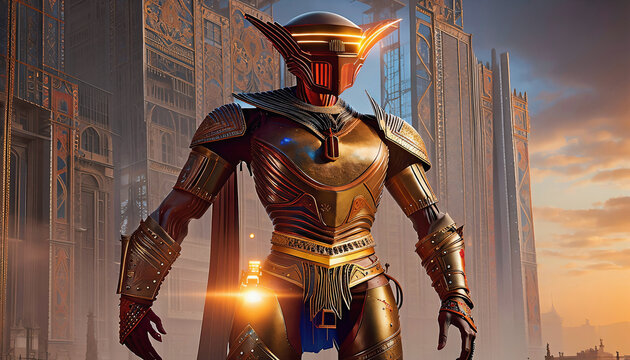 futuristic egyptian robot guardian warrior in blue golden armor and orange neon glowing eyes helmet staying on the street in futuristic sci-fi city with some buildings in back, generative AI