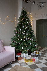 Interior of a room with a Christmas tree