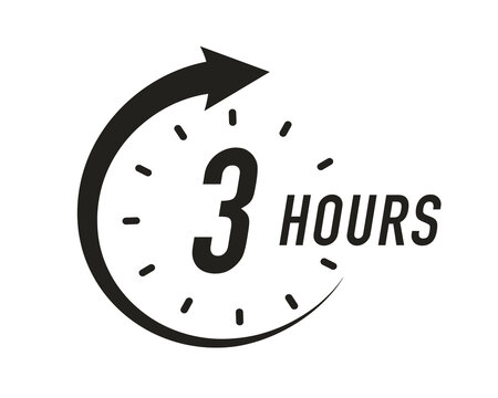 3 hours timer vector symbol black color style isolated on white background. Clock, stopwatch, cooking time label. 10 eps