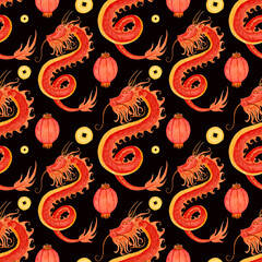 Watercolor pattern with coins, lanterns and dragon on dark background for products in asian style, Chinese New Year etc.