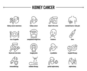 Kidney Cancer symptoms, diagnostic and treatment vector icon set. Line editable medical icons.