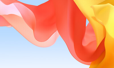 Flying fabric, dynamic cloth red and yellow, abstract scarf movement 3d rendering