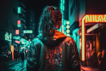 A woman standing in the streets of a neon city with a jacket at night, Tokyo style