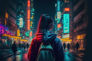 Fototapeta na wymiar A girl with a backpack standing in the neon streets of Tokyo at night, Cyberpunkt style with neon lights