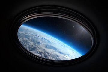View from porthole of a spaceship to Earth planet. This image elements furnished by NASA. 
