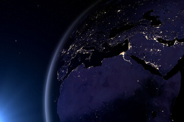 Earth at the night. Africa, Europe, and Asia. This image elements furnished by NASA. 