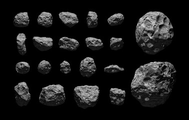 Set of asteroids isolated on black background.