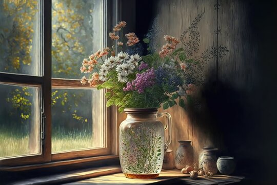 A bunch of flowers in a vase in front of a window, old wooden house, summer time