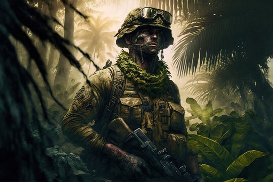 A soldier walking through a green tropical jungle with a gun in his hands