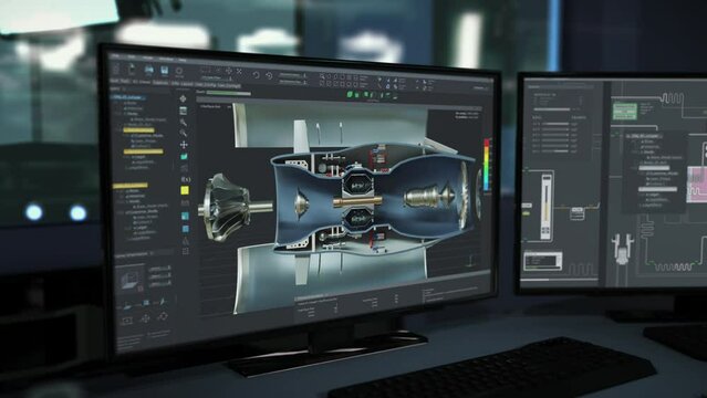 High tech application creates realistic 3d models of the industrial turbine. High tech application examining the structure of a 3d turbine model. High tech application analyses parts on a 3d model.