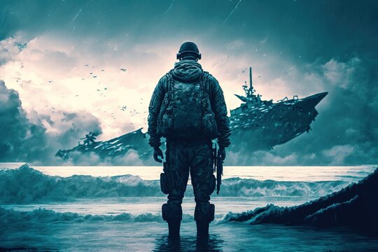 A soldier standing on the beach looking at a warship sinking in the ocean