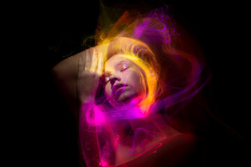 lightpainting portrait, new art direction, long exposure photo without photoshop, light drawing at long exposure	