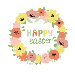 Fototapeta premium Happy easter banner. Vector floral wreath with abstract flowers, leaves and branches.