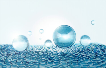 Cosmetics Essence molecule, collagen, Vitamin or Serum drop water for moisturizer. Liquid molecule chemical structure on water background. Cosmetics power treatment. Natural product. 3d rendering.