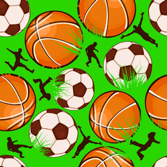 Seamless pattern sports balls football players. Vector illustration