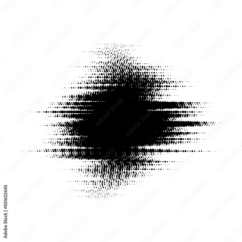 Poster grunge glitched halftone spot. distorted comic pop art textured stain. spotted dots background blot.