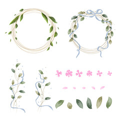 Floral wreath border and frame design, vector watercolor rustic illustrations
