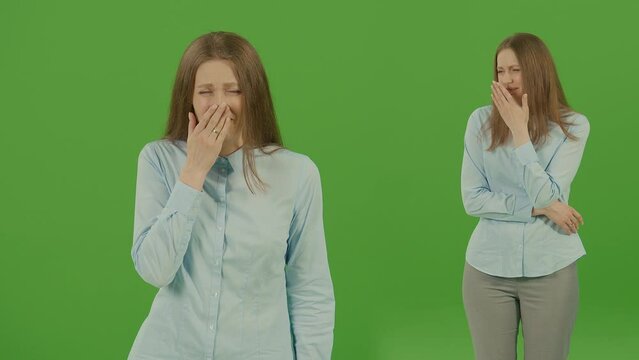 2-in-1 Split Green Screen Montage. Green Screen. Chroma Key. Pretty Girl Feeling Scared and Disgusted. Woman Wearing in Blue Shirt