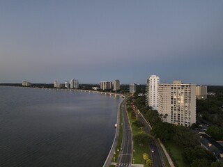 an aerial view of Bayshore Boulevard in Tampa Florida in the dawn light 