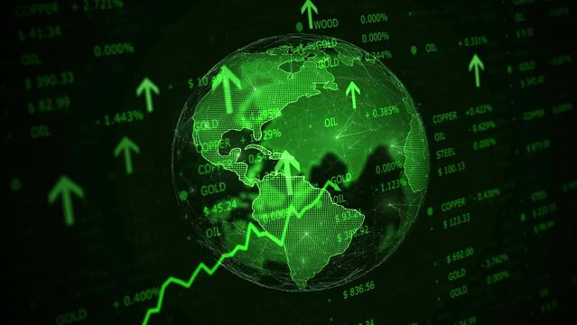 Green colored positive business infographics data. Arrows, graphs, earth globe and charts animation background.