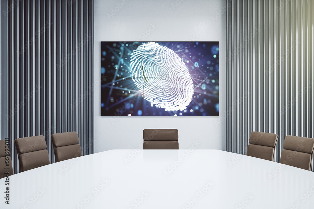 Poster abstract creative fingerprint illustration on presentation screen in a modern conference room, digit