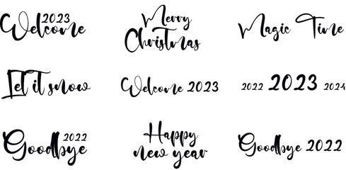 Collection of 2023 Happy New Year symbols. Vector illustration with black labels isolated on white background.
