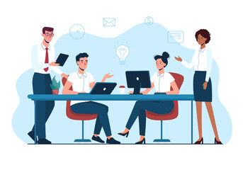 Business people work together in the office, discuss ideas for a project. Vector illustration of teamwork, brainstorming. Team of office employees. flat style, isolated background.