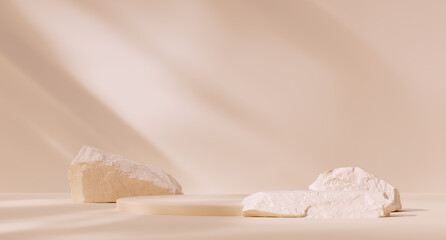 Premium natural product presentation beige background with stones and geometric platform 3d rendering.