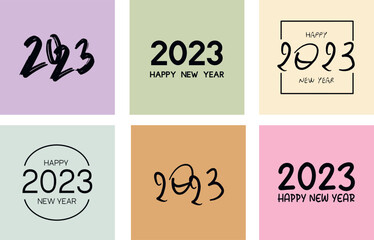 Big Set of 2023 Happy New Year logo text design on colorful background. Collection of 2023 Happy New Year symbols