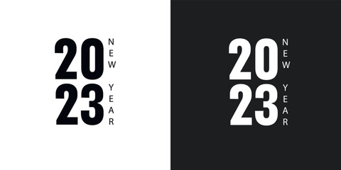 Collection of 2023 Happy New Year symbols. 
Vector illustration with black and white labels isolated on black and white background