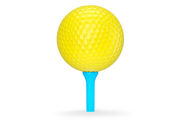 Yellow golf ball on tee isolated on white background