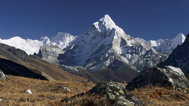 Gimbal shot of Mount Ama Dablam. Himalaya, Nepal. View from Trek to the Everest Base Camp. Crane shot, 4K