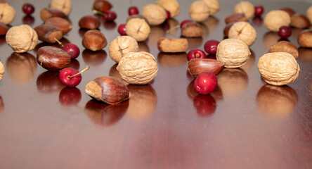 Christmas nuts and chestnuts on rustic wooden table with space for text