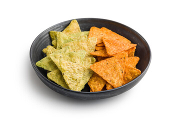 Tortilla chips with the flavor of chili and jalapeno peppers on plate isolated on white background.