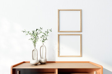 Mock up poster frame on white wall ,background, interior space, 3D render, 3D illustration
